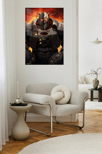 Ember-Eyed Battle Mech metal wall art displayed in a contemporary living space