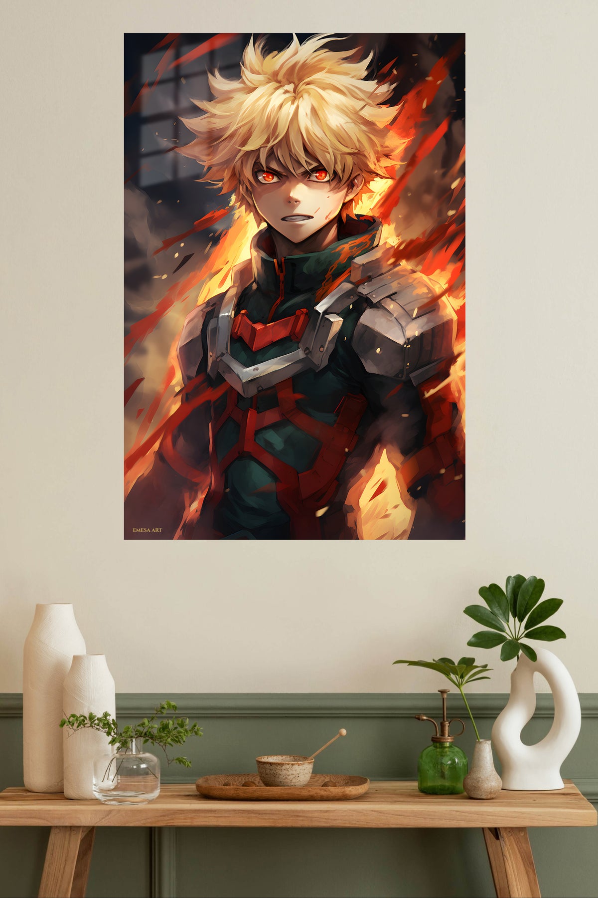 Blazing Hero Portrait metal wall art displayed in a modern interior