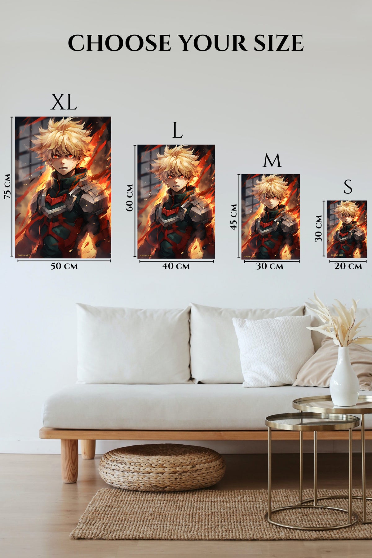 EMESA metal wall art size comparison guide for Blazing Hero Portrait