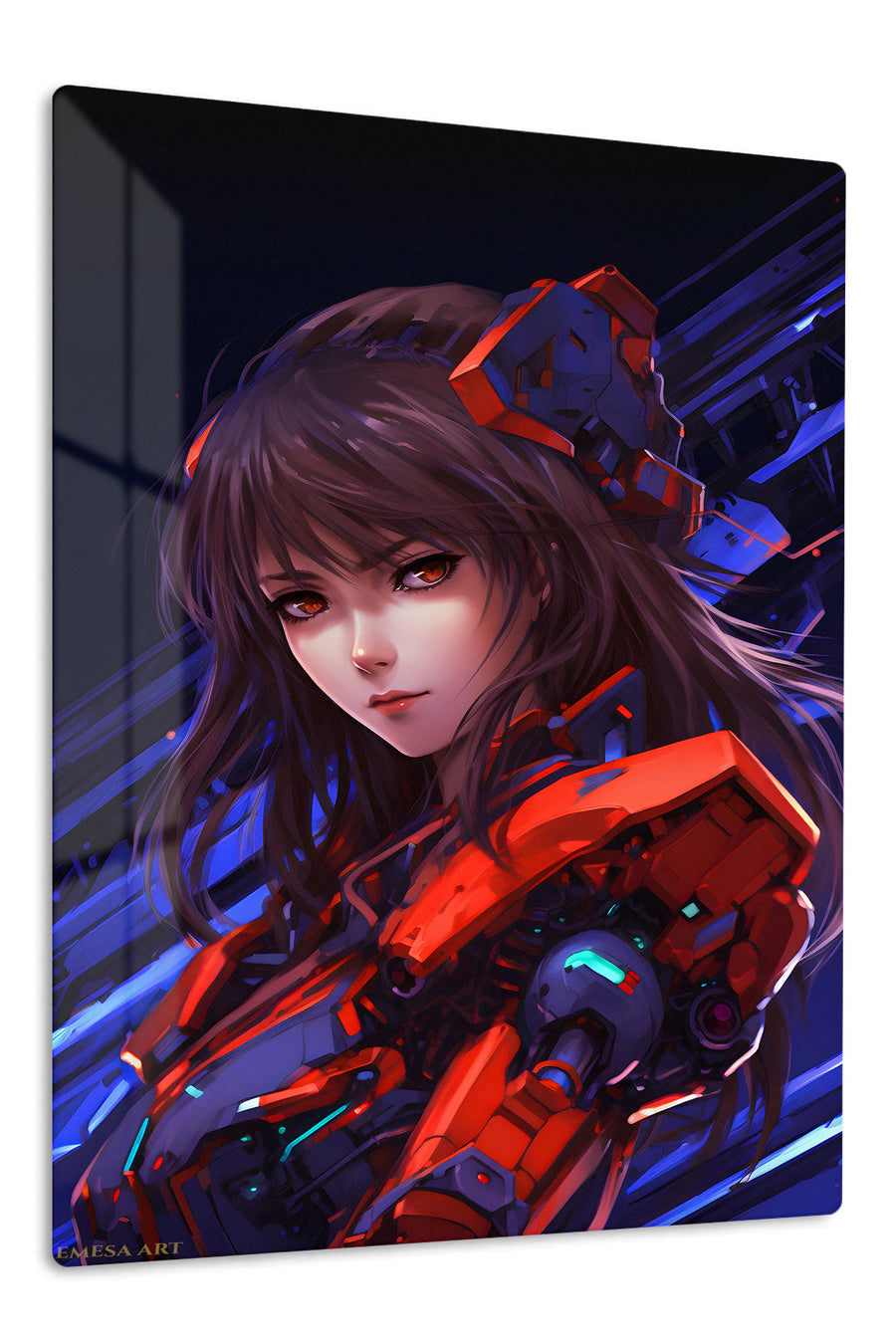 Crimson Mecha Guardian premium metal wall art Ã¢â‚¬â€œ front view