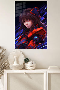 Crimson Mecha Guardian metal wall art displayed in a modern interior