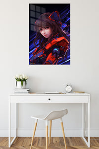 Crimson Mecha Guardian metal wall art displayed in a contemporary living space