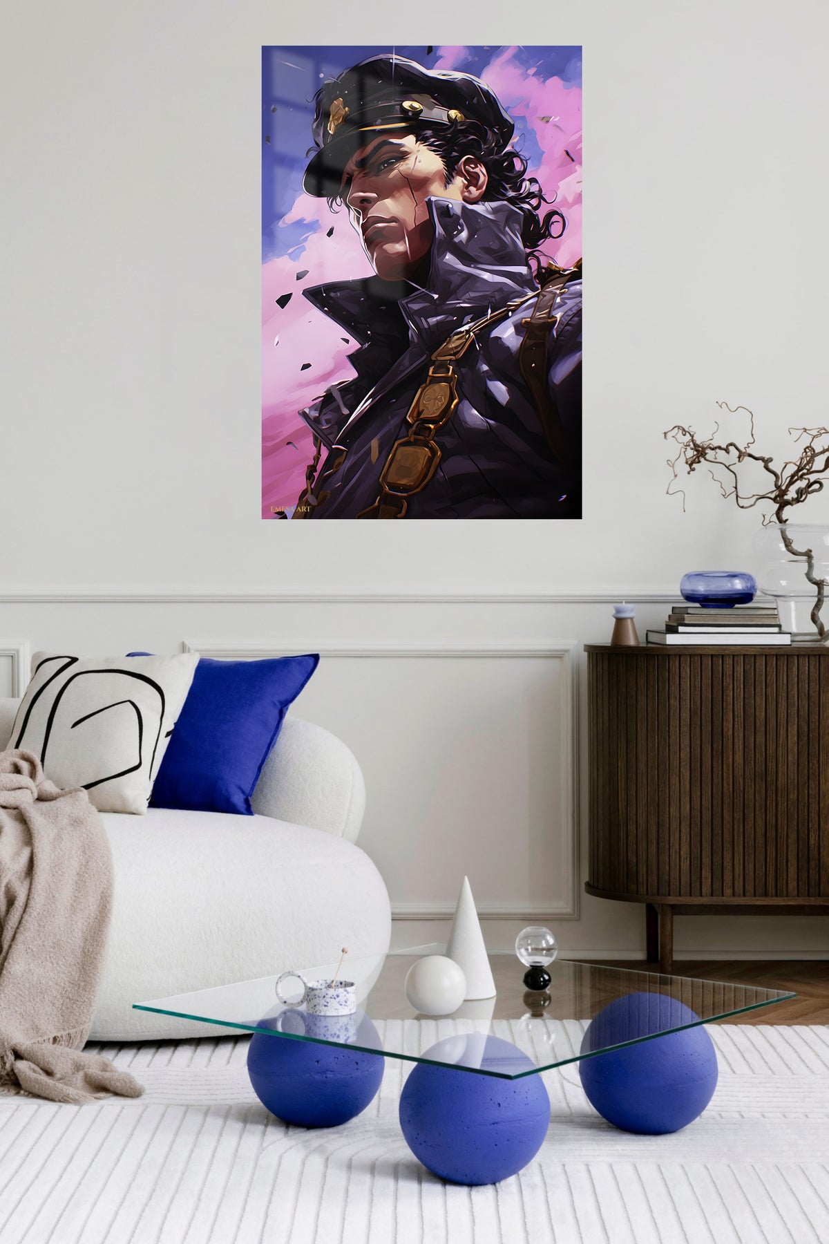 Stern Captain Beneath Violet Clouds metal wall art displayed in a contemporary living space