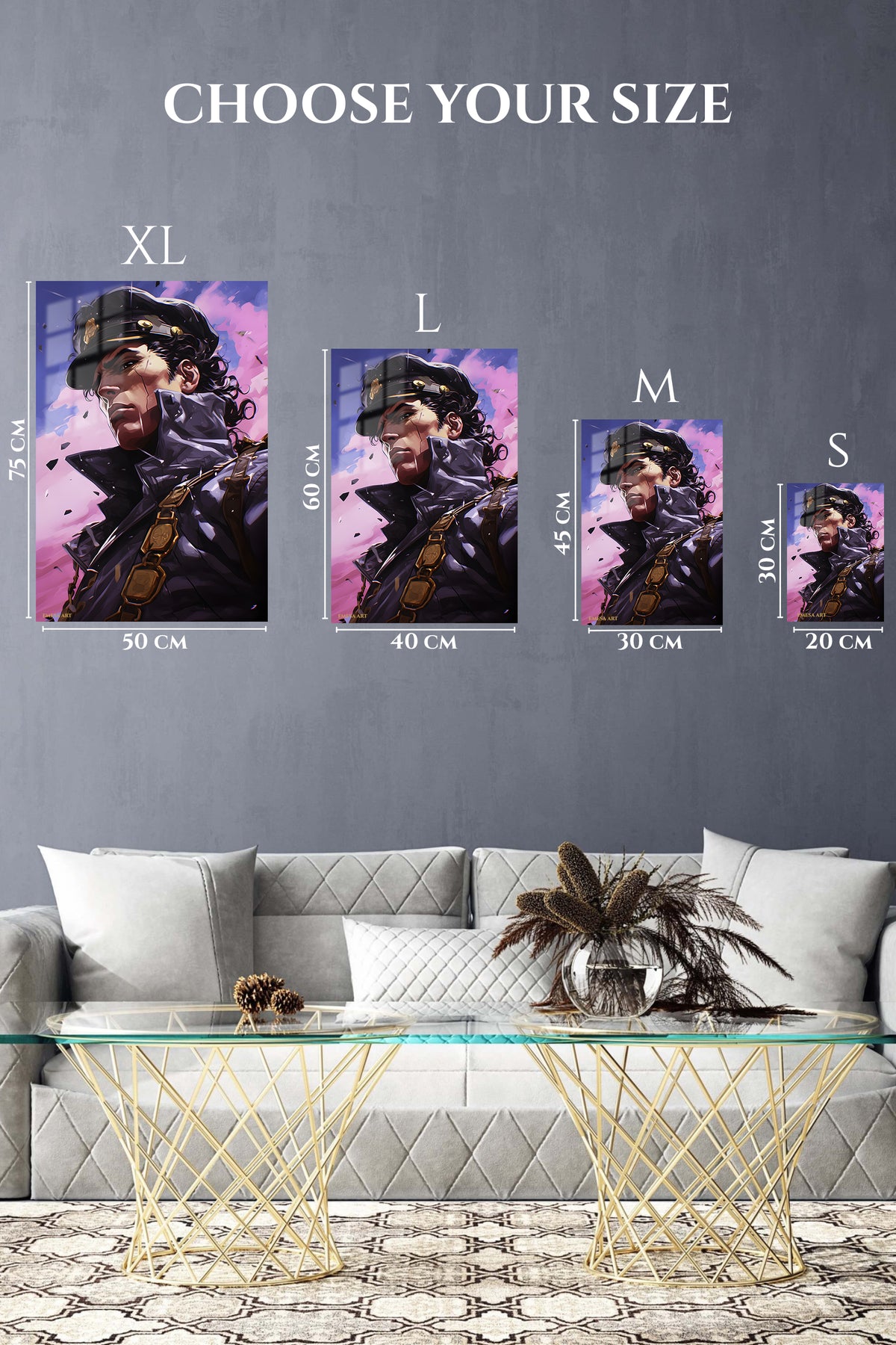 EMESA metal wall art size comparison guide for Stern Captain Beneath Violet Clouds