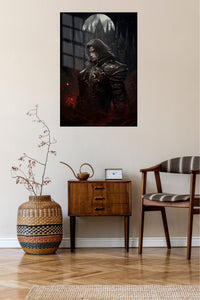 Crimson-Eyed Gothic Guardian metal wall art displayed in a contemporary living space