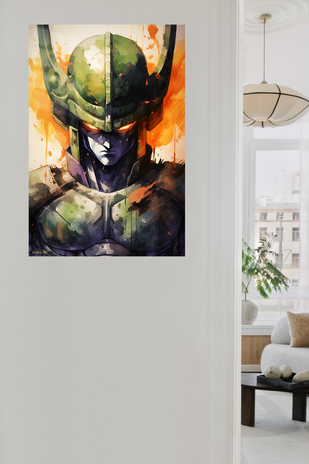 Emerald Armored Sentinel metal wall art displayed in a contemporary living space