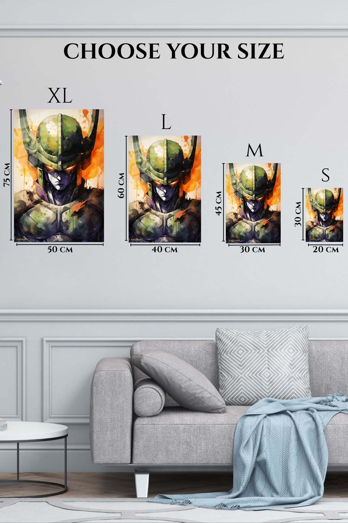 EMESA metal wall art size comparison guide for Emerald Armored Sentinel