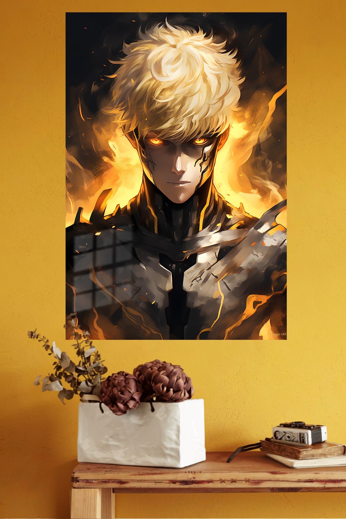 Golden-Fire Armored Warrior metal wall art displayed in a modern interior