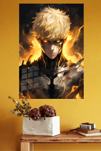 Golden-Fire Armored Warrior metal wall art displayed in a modern interior