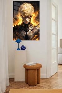 Golden-Fire Armored Warrior metal wall art displayed in a contemporary living space