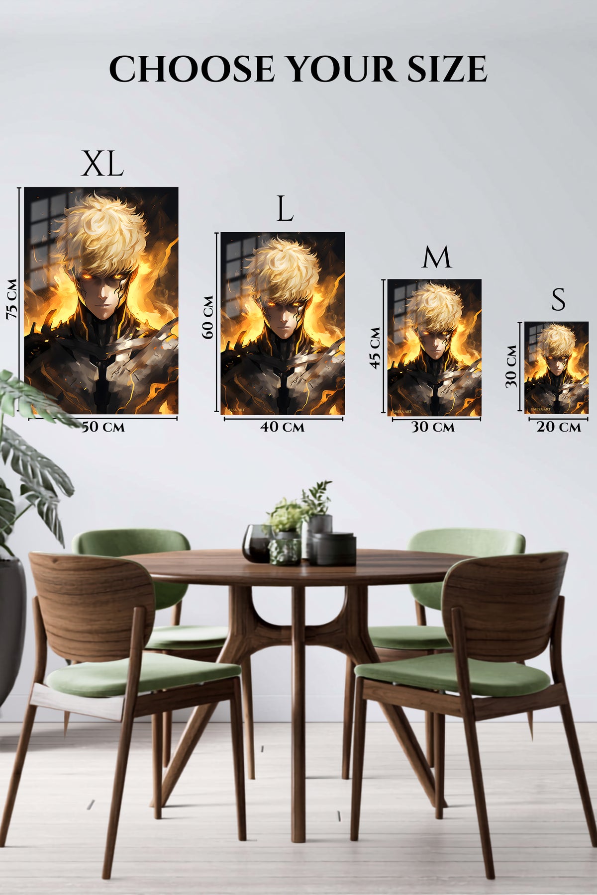 EMESA metal wall art size comparison guide for Golden-Fire Armored Warrior
