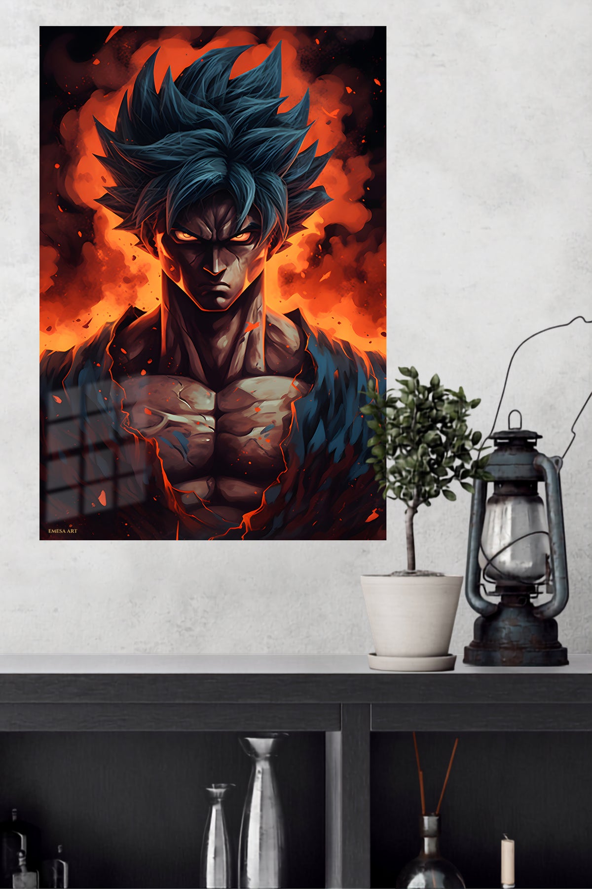 Inferno Gaze Warrior metal wall art displayed in a modern interior
