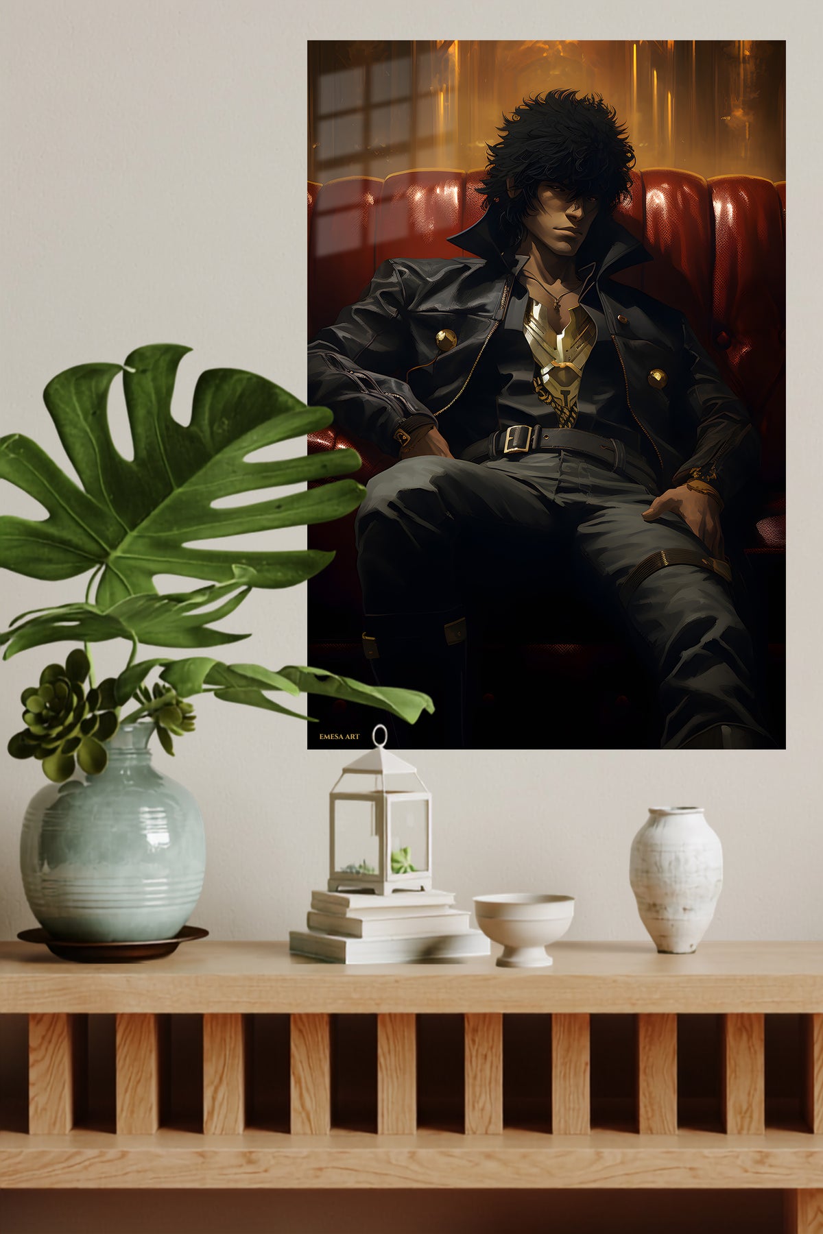 Shadowed Warrior in Crimson Booth metal wall art displayed in a modern interior