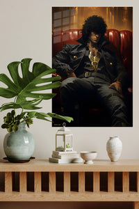 Shadowed Warrior in Crimson Booth metal wall art displayed in a modern interior