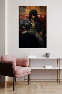 Shadowed Warrior in Crimson Booth metal wall art displayed in a contemporary living space