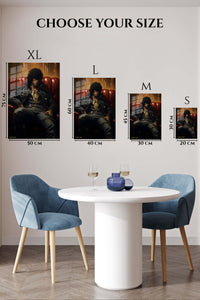 EMESA metal wall art size comparison guide for Shadowed Warrior in Crimson Booth