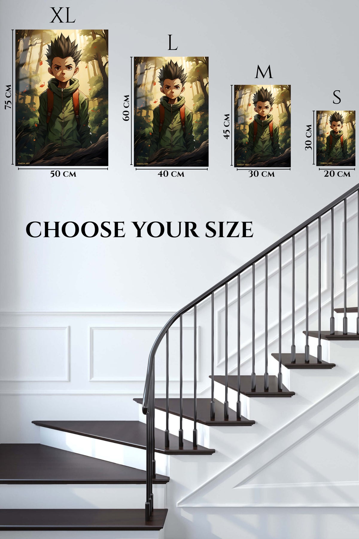 EMESA metal wall art size comparison guide for Forest Explorer with Spiked Hair