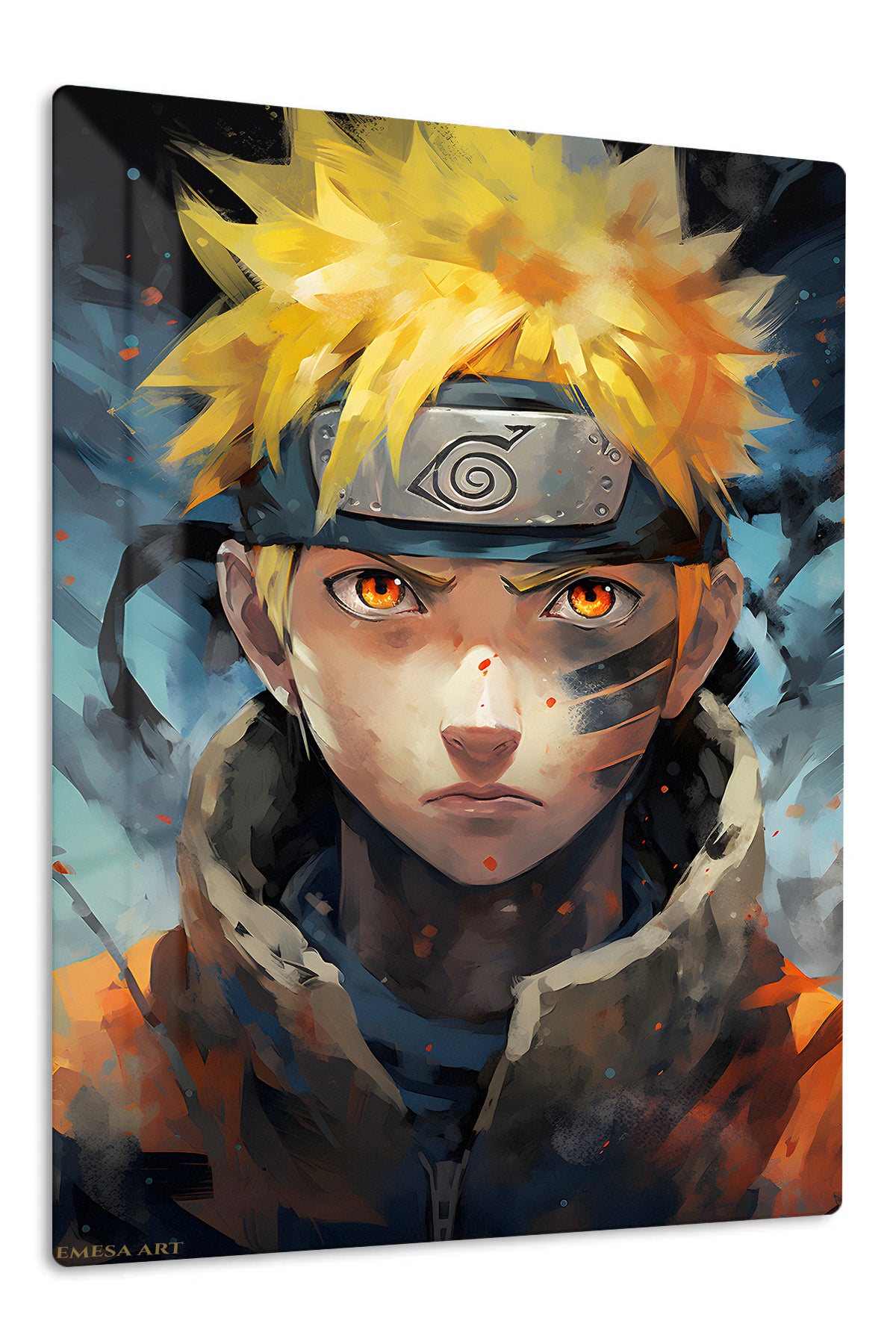 Golden-Haired Fiery Ninja Portrait premium metal wall art Ã¢â‚¬â€œ front view