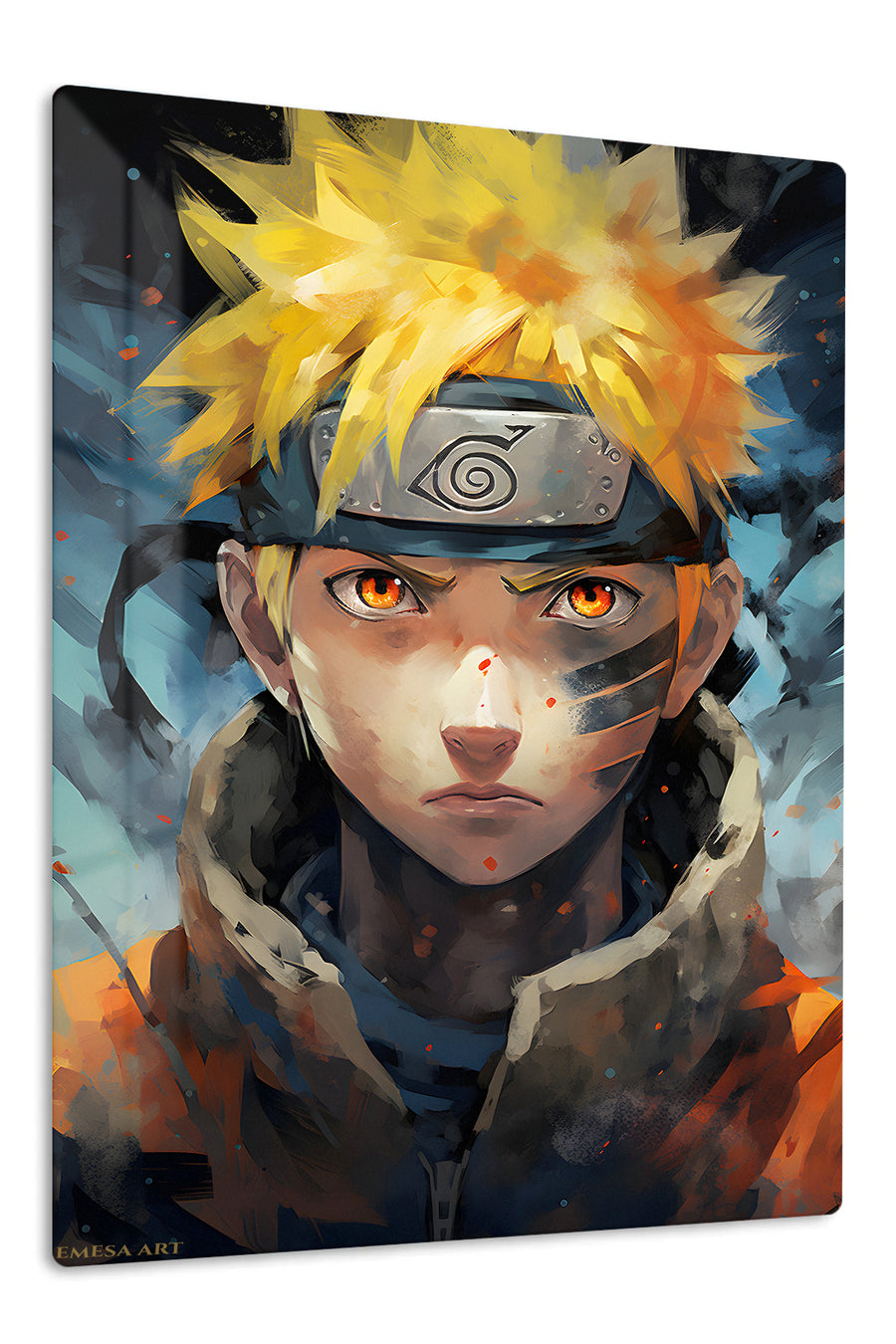 Golden-Haired Fiery Ninja Portrait premium metal wall art Ã¢â‚¬â€œ front view