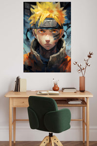 Golden-Haired Fiery Ninja Portrait metal wall art displayed in a contemporary living space
