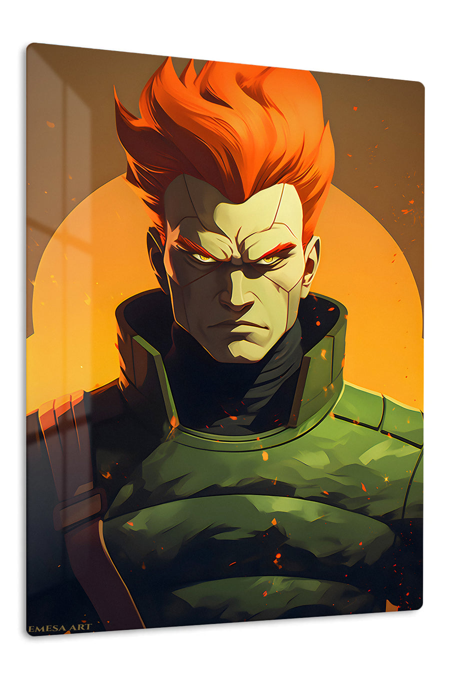 Ember-Haired Armored Warrior premium metal wall art Ã¢â‚¬â€œ front view