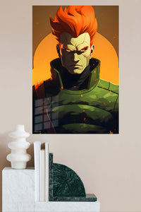 Ember-Haired Armored Warrior metal wall art displayed in a modern interior