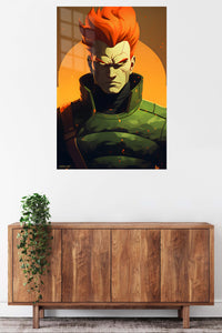 Ember-Haired Armored Warrior metal wall art displayed in a contemporary living space