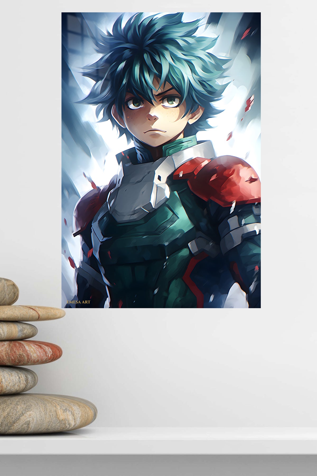 Teal-Haired Armored Hero metal wall art displayed in a modern interior
