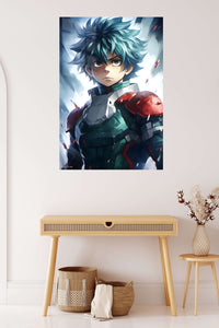 Teal-Haired Armored Hero metal wall art displayed in a contemporary living space