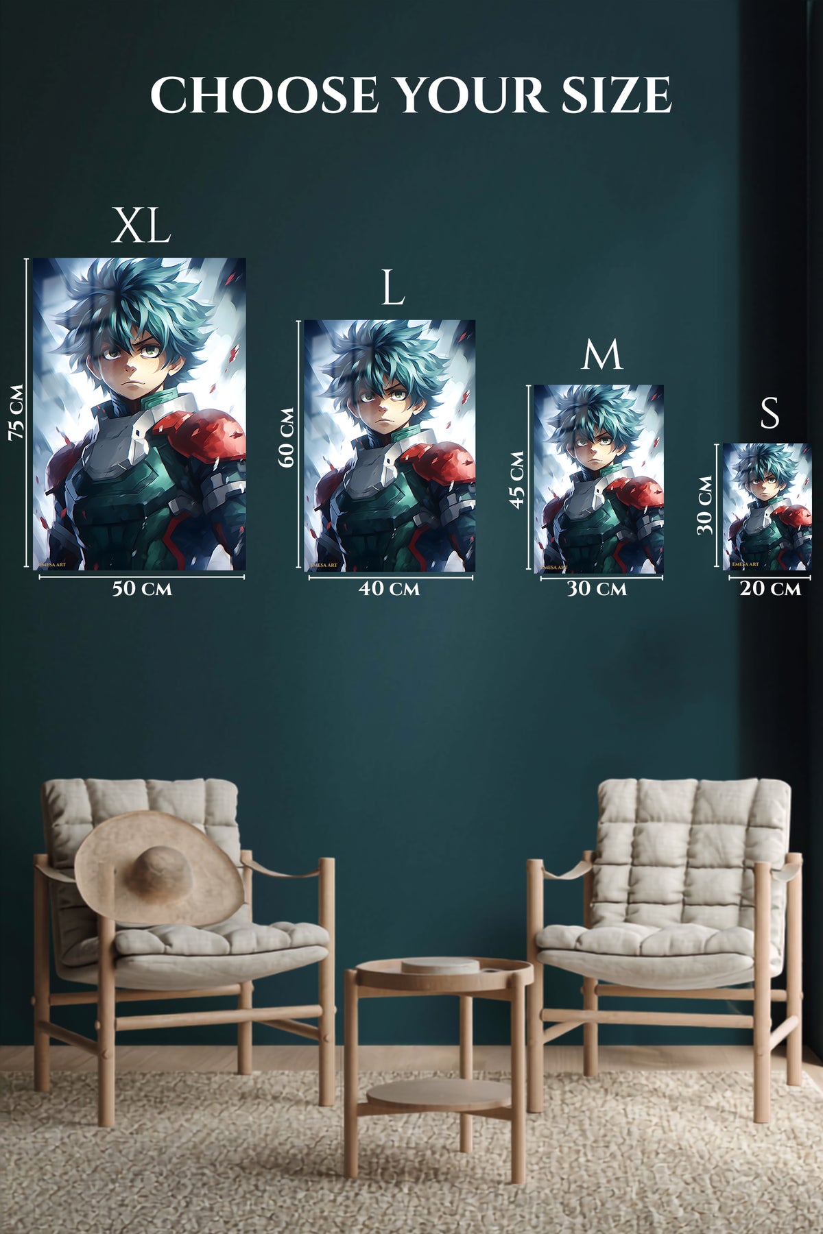 EMESA metal wall art size comparison guide for Teal-Haired Armored Hero