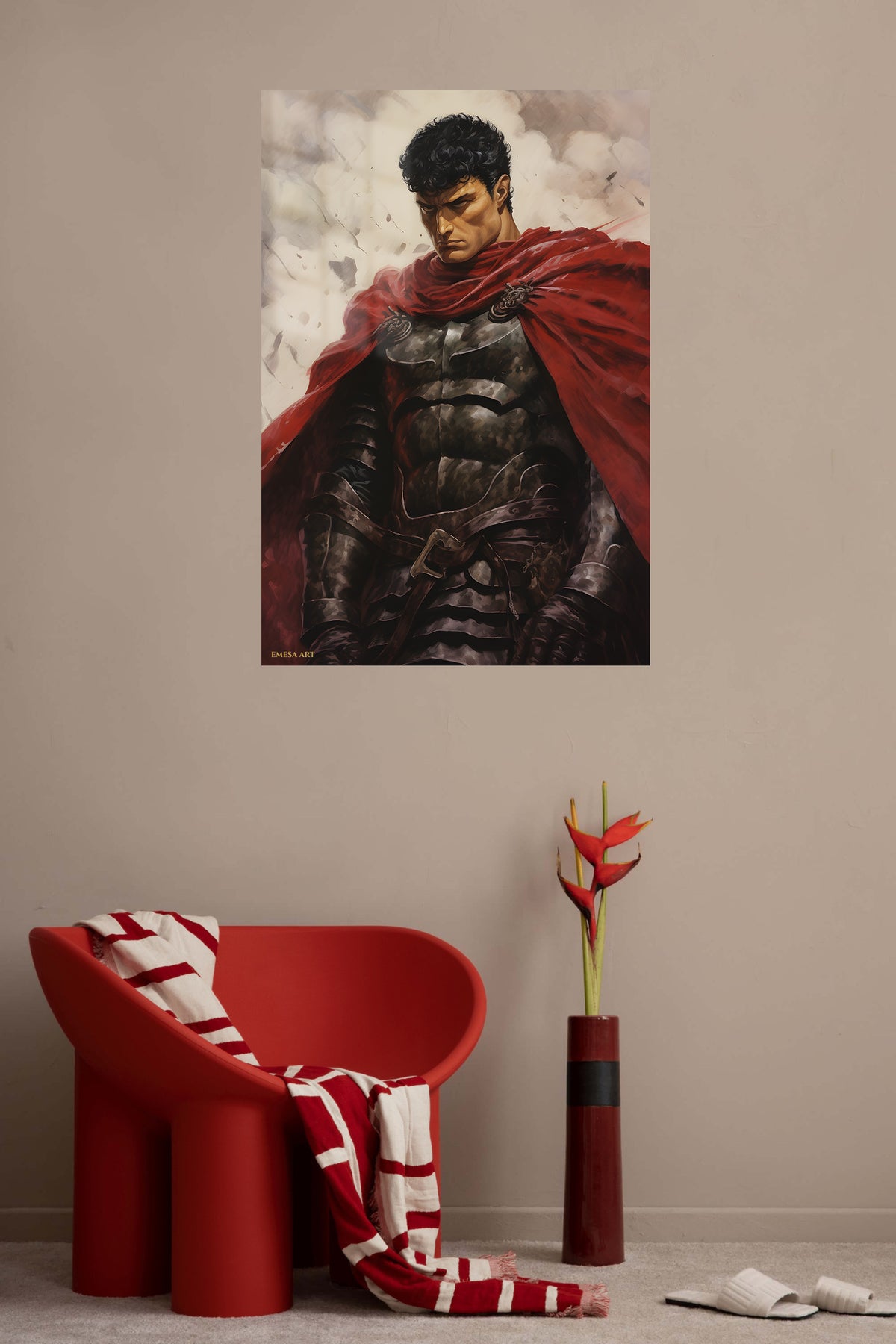 Crimson Cloak Warrior metal wall art displayed in a contemporary living space