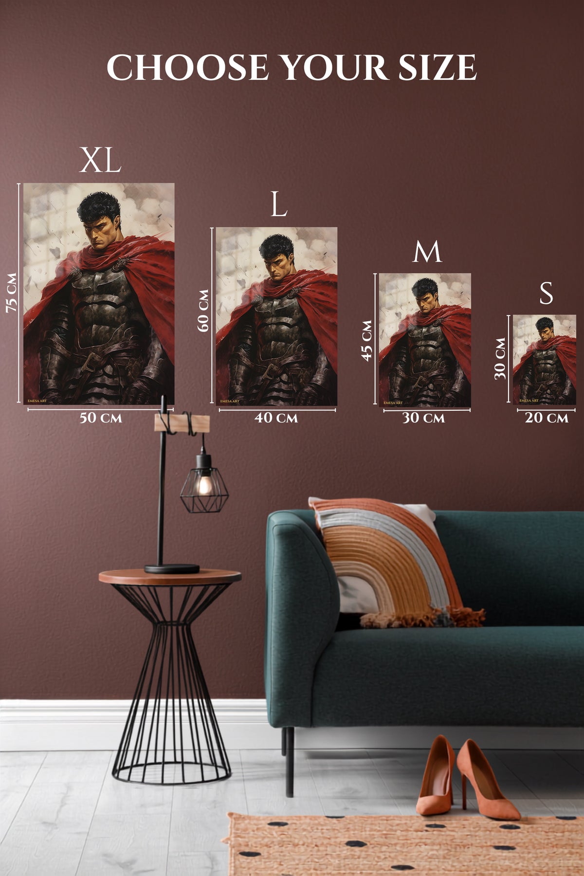 EMESA metal wall art size comparison guide for Crimson Cloak Warrior