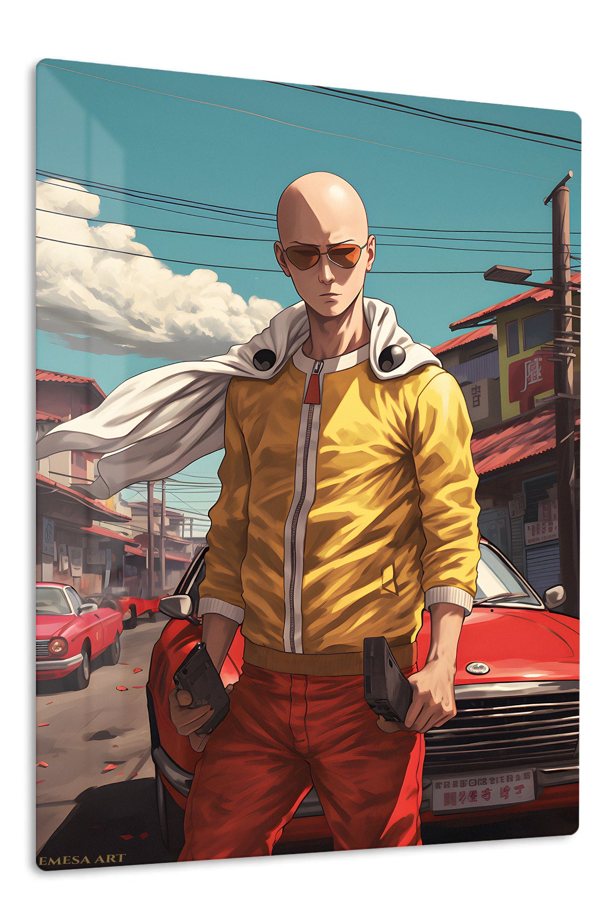 Sunglasses Hero on a Sunlit Street premium metal wall art Ã¢â‚¬â€œ front view