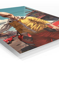 Sunglasses Hero on a Sunlit Street premium metal wall art Ã¢â‚¬â€œ angled view