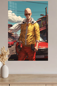 Sunglasses Hero on a Sunlit Street metal wall art displayed in a modern interior
