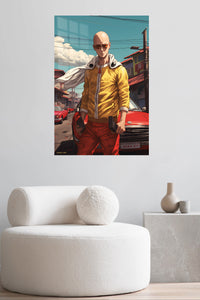Sunglasses Hero on a Sunlit Street metal wall art displayed in a contemporary living space