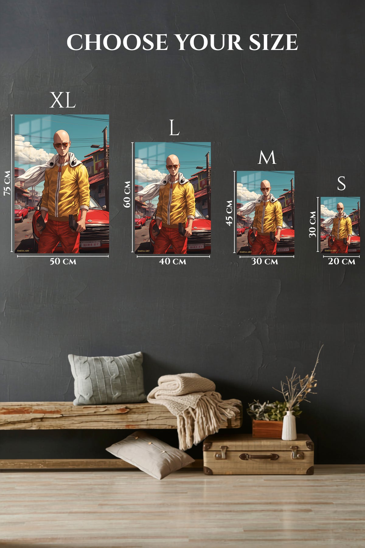 EMESA metal wall art size comparison guide for Sunglasses Hero on a Sunlit Street