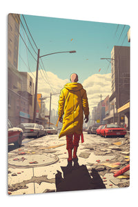 Yellow Coat Through the Ruined City premium metal wall art Ã¢â‚¬â€œ front view
