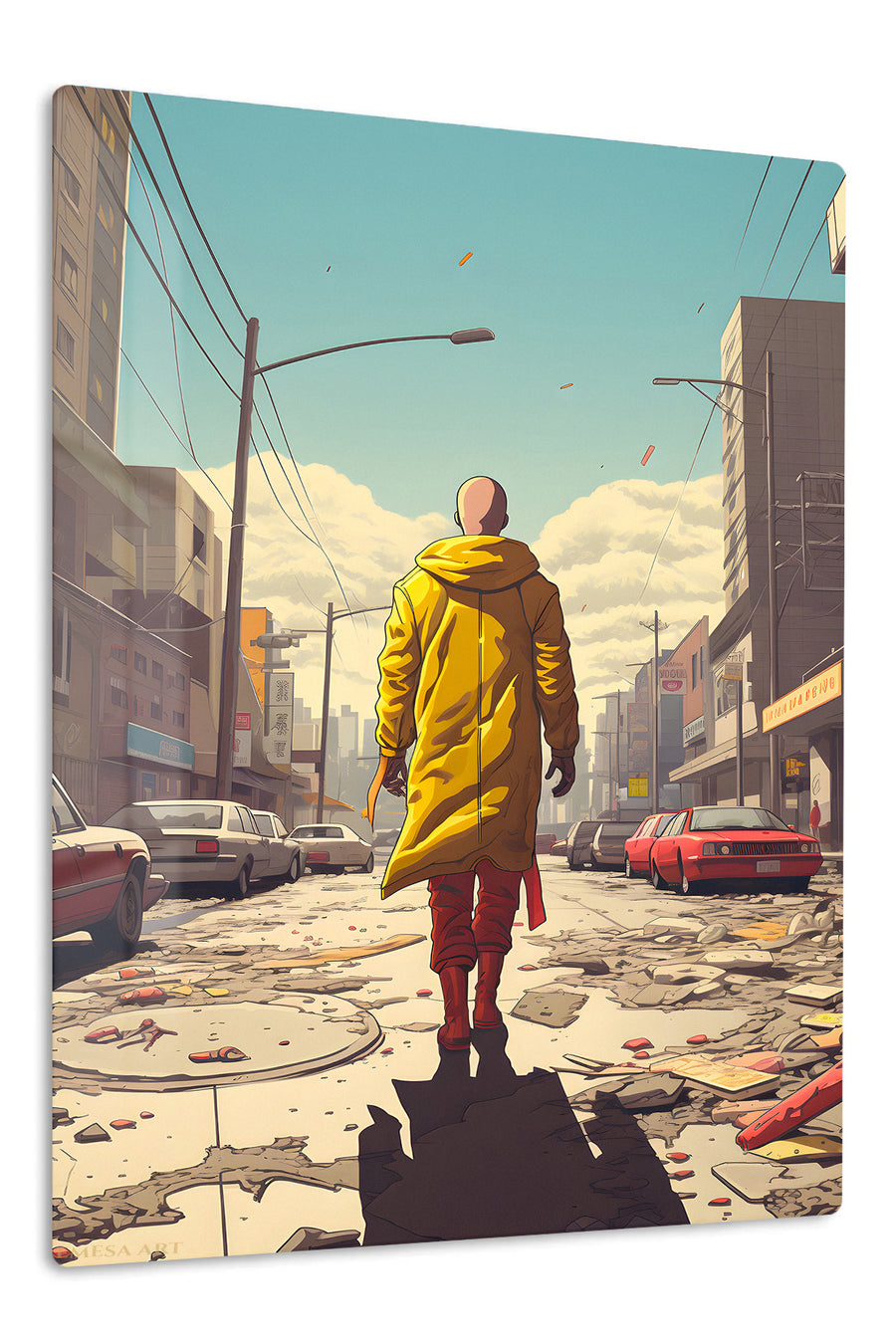 Yellow Coat Through the Ruined City premium metal wall art Ã¢â‚¬â€œ front view