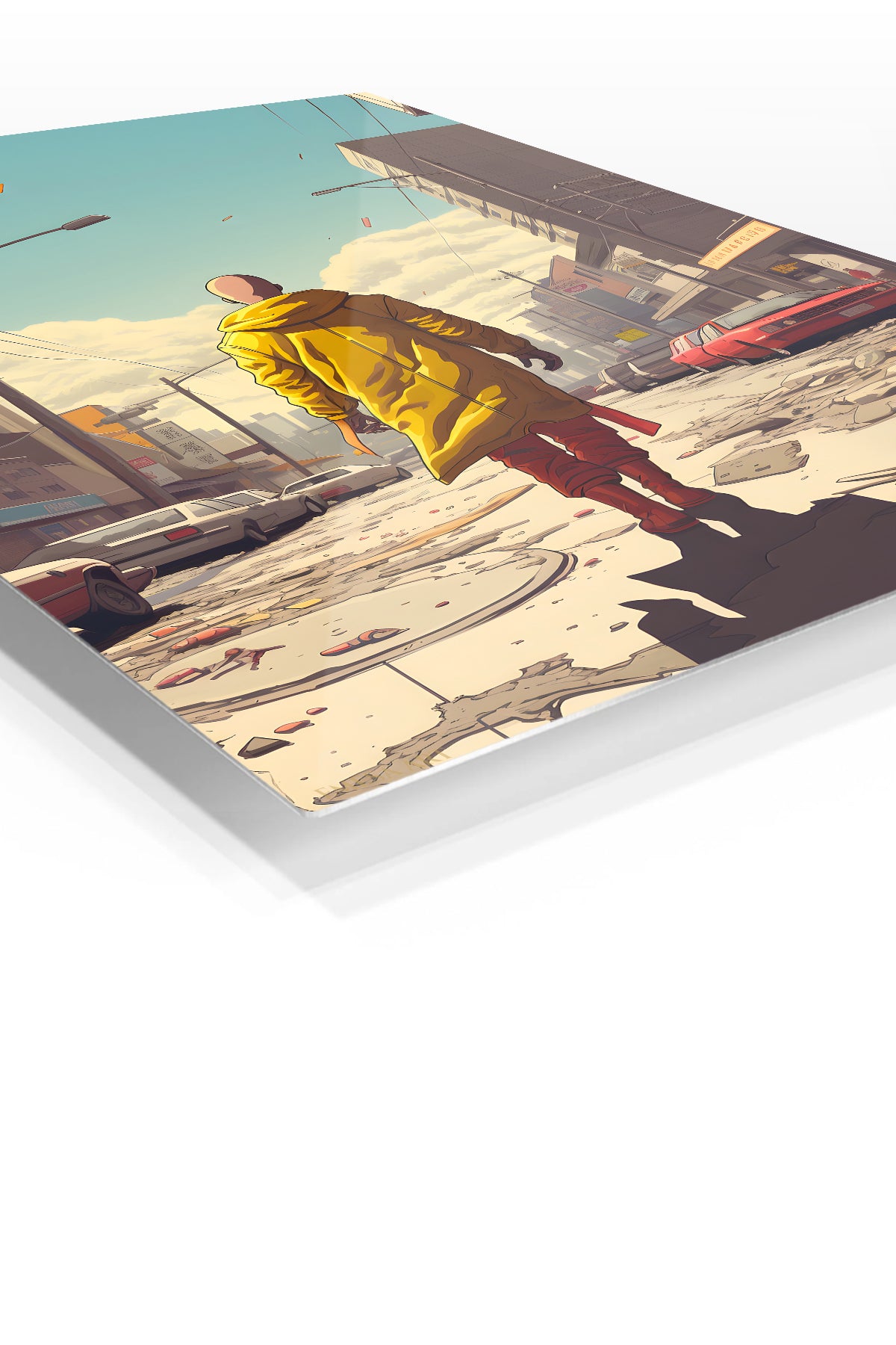 Yellow Coat Through the Ruined City premium metal wall art Ã¢â‚¬â€œ angled view