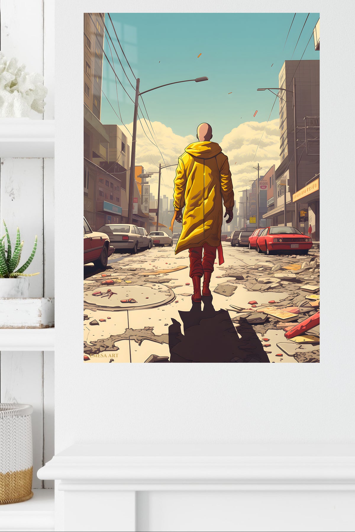 Yellow Coat Through the Ruined City metal wall art displayed in a modern interior