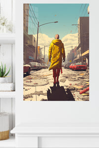 Yellow Coat Through the Ruined City metal wall art displayed in a modern interior