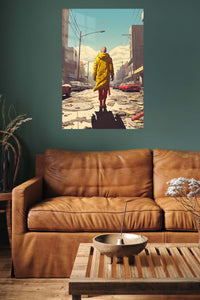 Yellow Coat Through the Ruined City metal wall art displayed in a contemporary living space