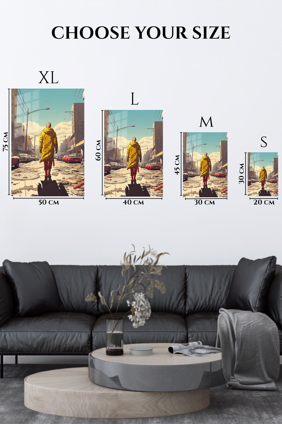 EMESA metal wall art size comparison guide for Yellow Coat Through the Ruined City