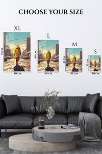 EMESA metal wall art size comparison guide for Yellow Coat Through the Ruined City
