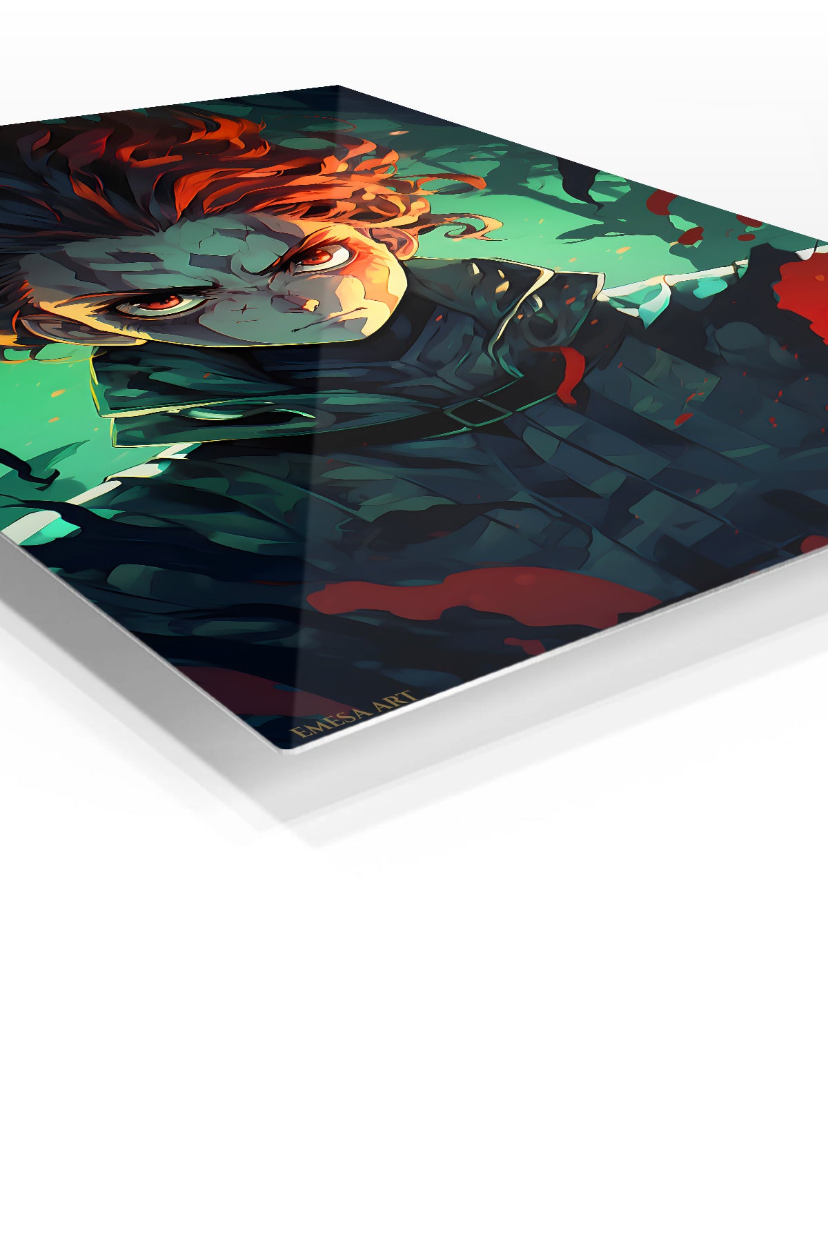 Emerald Ember Shadow Warrior premium metal wall art Ã¢â‚¬â€œ angled view