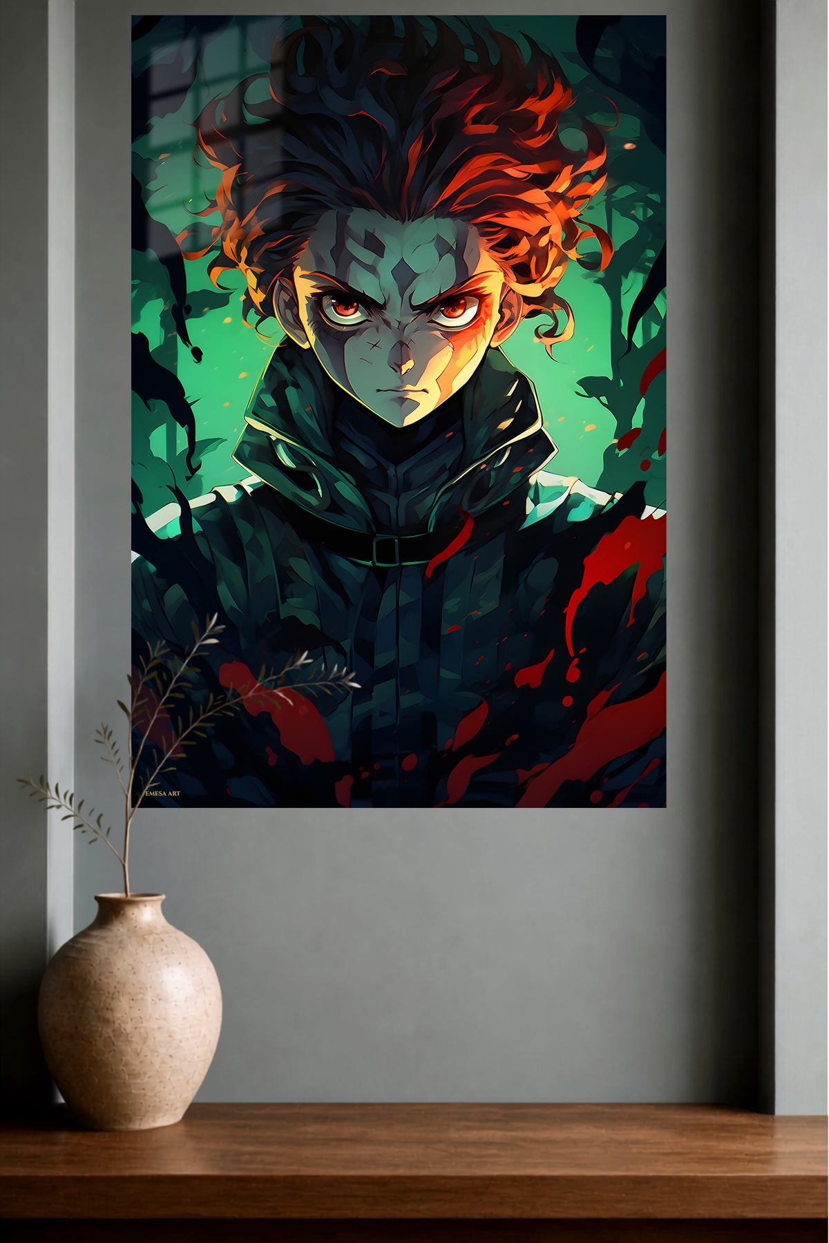 Emerald Ember Shadow Warrior metal wall art displayed in a modern interior