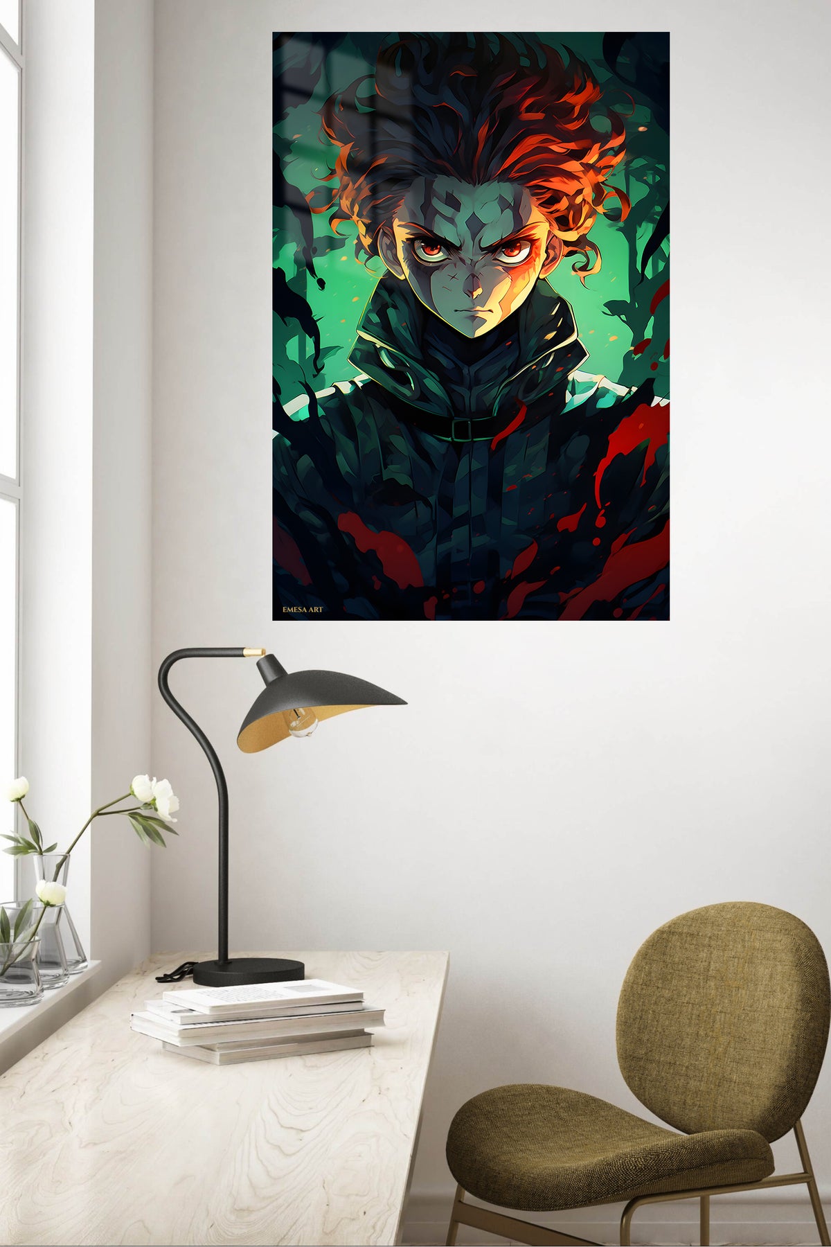Emerald Ember Shadow Warrior metal wall art displayed in a contemporary living space