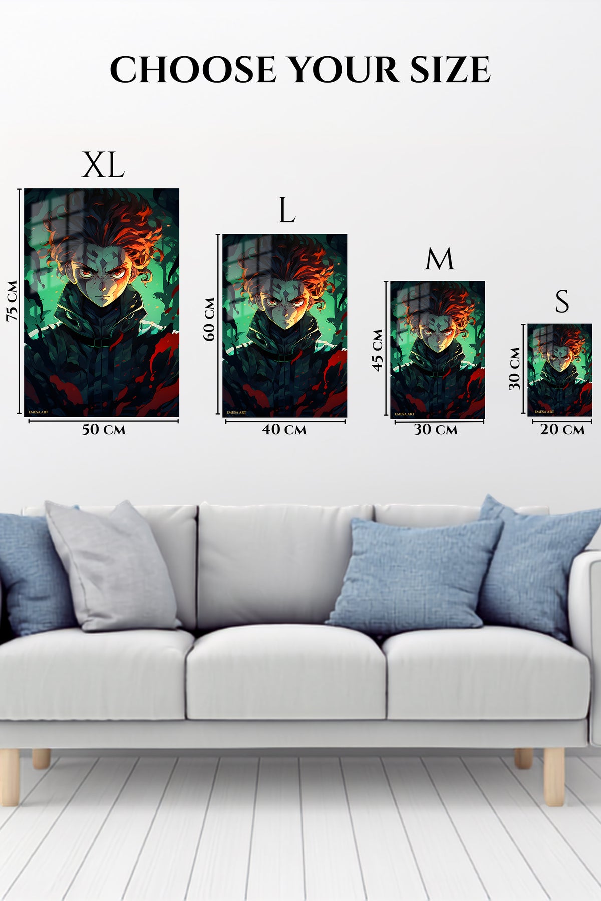 EMESA metal wall art size comparison guide for Emerald Ember Shadow Warrior