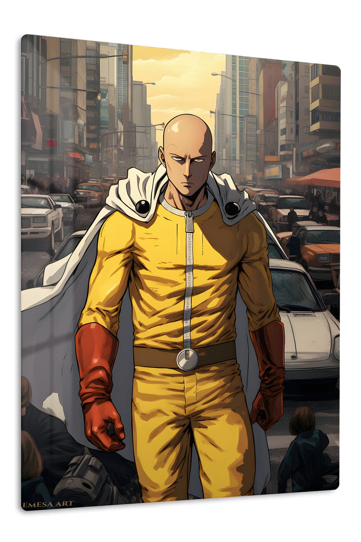 Yellow-Suited City Hero premium metal wall art Ã¢â‚¬â€œ front view